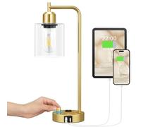 QJRGUY Industrial Style Table Lamp with USB Port, Dimmable Glass Shade and Socket (Brown)
