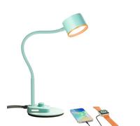 QJRGUY Metal High Efficiency Gooseneck LED Desk Lamp with USB C + A Charging Ports, Dimmable, Nightstand, Home Office Suitable for Living Room, Dormitory, Office,(Teal)