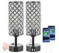 QJRGUY (Set of 2), 3-Way Dimmable Touch Lamp with Crystal Lampshade Bedroom, Home Office Suitable for Living Room, Dormitory, Office,(Black)