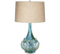 QJRGUY Teal Ceramic Table Lamp with Beige Linen Shade, High and Stylish for Bedroom and Living Room (Turquoise)