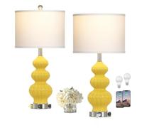 QJRGUY Three Gourd Ceramic Table Lamp Set of 2 with USB Ports and AC Power Outlet, 3-Way Touch Control Bedroom Suitable for Living Room, Dormitory, Office,(Yellow)