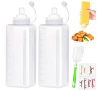 qjuwhua 2 botellas de plástico de 1000 ml con tapas, botella de salsa, dispensador de condimentos sin fugas, dispensador con etiquetas, cepillo para salsas picantes y aceite de oliva