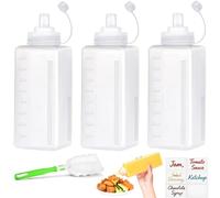 qjuwhua 3 botellas de plástico para apretar, 800 ml, con tapas, botella para salsa, dispensador de condimentos sin fugas, dispensador con etiquetas, cepillo para salsas picantes, aceite de oliva