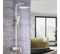 QJUZO Set de Ducha Columna 3Funciones Chorros Agua con Bandeja Baño Gancho Altura Ajustable Aireador ABS Desmontable Juegos Grifería para Bañera y Ducha Blanca