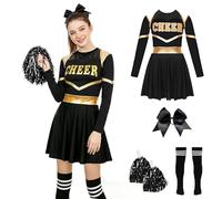 QJWBZ Disfraz De Animadora Para Mujer Adulta: Vestido De Manga Larga MetáLico De Manga Larga Uniforme Con Pompones Y Calcetines A Rayas Y Tocado Cheerleaders Disfraz Carnaval Fiesta Cosplay (S)