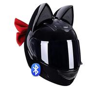 QJWMatic Casco Completo con Orejas De Gato para Moto con Bluetooth, Casco De Moto Fresco para Adultos Hombres Mujeres Casco Integral para Todas Las Estaciones con Corbata Certificación ECE H,L57-59CM