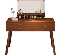 QKBMFK Tocador de Dormitorio con Espejo de Maquillaje, LED Ajustable en Tres Colores, Tocador para Mujer con 3 Cajones, Color Nogal, Tocador Moderno y Sencillo 100cm
