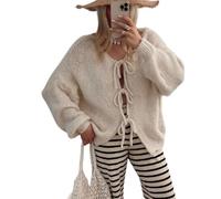 QKCQQTS Suéter con Lazo en la Parte Delantera para Mujer, suéteres Tipo cárdigan de Punto con Mangas abullonadas (L,Off-White)
