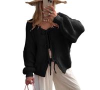 QKCQQTS Suéter con Lazo en la Parte Delantera para Mujer, suéteres Tipo cárdigan de Punto con Mangas abullonadas (L,Black)