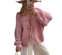QKCQQTS Suéter con Lazo en la Parte Delantera para Mujer, suéteres Tipo cárdigan de Punto con Mangas abullonadas (S,Pink)