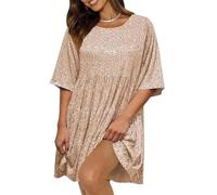 QKCQQTS Vestido Babydoll con Capas de Lentejuelas, Vestidos Sueltos con Purpurina de Corte A, Vestido de Verano con Purpurina Brillante para Mujer de Manga Corta (L,Gold)