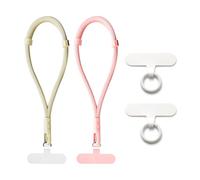 QKEPCY 2 Piezas Cordon para Movil Correa de Muñeca para Teléfono Ajustable Cómoda Correa con 2 Parches Duraderos Cadena Multifuncional Compatible con la Mayoría Fundas (Rosa + Caqui)