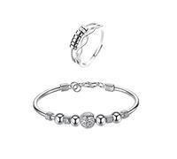 QKEPCY 2Pcs Anillo de Ansiedad y la Pulsera de la Ansiedad de Plata de Ley 925,Anillo Antiestres Giratorio Mujer con Perlas Anillo de Ansiedad Anillo Giratorio Fidget Anillos Apilables (Type A)
