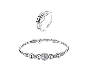 QKEPCY 2Pcs Anillo de Ansiedad y la Pulsera de la Ansiedad de Plata de Ley 925,Anillo Antiestres Giratorio Mujer con Perlas Anillo de Ansiedad Anillo Giratorio Fidget Anillos Apilables (Type A)