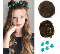 QKEPCY 2PCS Moños Postizos para Mujer Niñas Natural Rizado Ondulado Postizo Moño Sintético Extensiones de Cabello Pelo Desordenado Coleta Postiza con 5PCS Horquillas de Flores