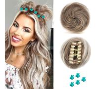 QKEPCY 2PCS Moños Postizos para Mujer Niñas Natural Rizado Ondulado Postizo Moño Sintético Extensiones de Cabello Pelo Desordenado Coleta Postiza con 5PCS Horquillas de Flores