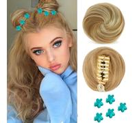 QKEPCY 2PCS Moños Postizos para Mujer Niñas Natural Rizado Ondulado Postizo Moño Sintético Extensiones de Cabello Pelo Desordenado Coleta Postiza con 5PCS Horquillas de Flores