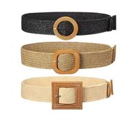 QKEPCY 3 Piezas Cinturones de Mujer Cinturones de Cintura Elástico Tejido Cinturón Flaco Bohemio con Hebilla de Madera Decorativo para el Vestido de las Señoras Jeans
