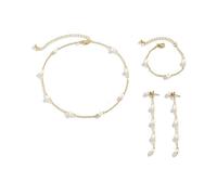 QKEPCY 3 Piezas Conjunto de Joyas Perlas Collar Pulsera Ajustable Pendientes de Borla Joyería Perlas Simuladas Elegante Accesorios para Mujer (Oro)