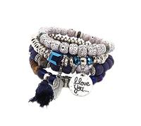 QKEPCY 4 Piezas Bohemias Pulseras Cuentas Apilables Pulsera Elástica Pulsera Brazalete Múltiples Capas Conjunto Brazaletes Joyería Cuentas Moda Accesorio para Meditación y Yoga para Mujer (Azul)