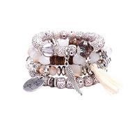 QKEPCY 4 Piezas Bohemias Pulseras Cuentas Apilables Pulsera Elástica Pulsera Brazalete Múltiples Capas Conjunto Brazaletes Joyería Cuentas Moda Accesorio para Meditación y Yoga para Mujer (Blanco)