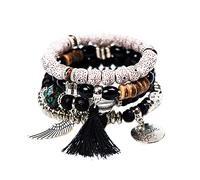 QKEPCY 4 Piezas Bohemias Pulseras Cuentas Apilables Pulsera Elástica Pulsera Brazalete Múltiples Capas Conjunto Brazaletes Joyería Cuentas Moda Accesorio para Meditación y Yoga para Mujer (Negro)