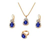 QKEPCY 4 Piezas Conjunto Joyería Lágrima Cristal Azul Collar Pendientes Anillo Brillantes Circonitas Dorado Elegante Mujer