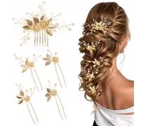 QKEPCY 5 Piezas Accesorios para el Cabello Novia Peine con Hoja Flores Peinetas para el Pelo Bodas Peines Perlas Pinzas pelo Mujer Boda Cristales de Diamante Boho Horquillas Boda Schmuck Set