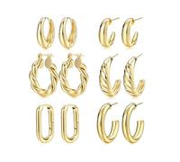 QKEPCY 6 Pares Pendientes Mujer de Aro Oro Chapado en Oro de 14K Hipoalergénicos Gruesos Abiertos Trenzados Pequeño Dorados Conjunto de Joyería Regalos