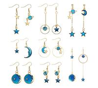 QKEPCY 8 pares surtidos de múltiples aretes de joyería conjunto Pendientes Colgantes De Planeta, Aretes Colgantes De Estrella y Luna para mujeres niñas simple conjunto de pendientes