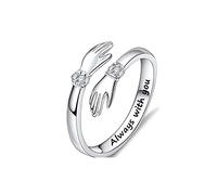 QKEPCY Anillo Abrazo de Plata de Ley 925 Para Mujer y Hombre - Abierto, Ajustable, Manos Abrazadas - Joyería Personalizada Para Parejas, Aniversario (Plata)