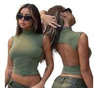 QKEPCY Blusa Mujer Cuello Alto sin Mangas Camiseta Verano Crop Top Elegante Ajustado Espalda Abierta Moda Boho Primavera Top Basica Estilo Moderno Tendencia Actual