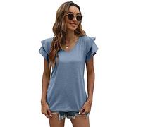 QKEPCY Blusa Mujer Manga Corta Volante Cuello V Camiseta Verano Elegante Top Casual Basica Ropa Moda Primavera Blusas para Mujer Diario Oficina