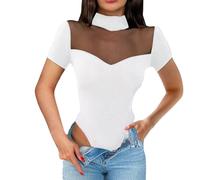 QKEPCY Body Manga Corta Mujer Cuello Alto Transparente Bodysuit Elegante Top Moldeador Camiseta Ajustada Monos Vestir Suit Jumpsuit Ropa Verano Body Mujer Sexy