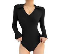 QKEPCY Body Mujer Elegante de Manga Larga con Cuello en V Lencería Sexy y Erótica para Mujer Ropa Interior Sexy y Ajustada para Ocasiones Especiales(L, Negro)