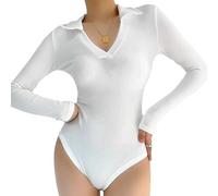 QKEPCY Body Mujer Elegante de Manga Larga con Cuello en V Lencería Sexy y Erótica para Mujer Ropa Interior Sexy y Ajustada para Ocasiones Especiales(L, Blanco)