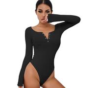 QKEPCY Body Mujer Elegante de Manga Larga Cuello en V con Botones Lencería Sexy para Mujer Ropa Interior Erótica y Atractiva Ideal para Noches Especiales(L, Negro)