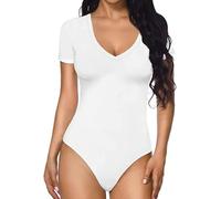 QKEPCY Body Mujer Manga Corta Sexy Bodies Cuello en V Bodys Elegantes Vestir Mono Bodysuit Básica Jumpsuit Tops (M, Blanco)