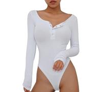 QKEPCY Body Mujer Manga Larga Bodies Mujer Vestir Body Sexy de Cuello en Botón Elegante Mono Color Sólido Mujer Clásico Bodysuit Jumpsuit Suave Cálida Tops (M, Blanco)