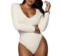 QKEPCY Body Mujer Sexy Cuello en V Bodies Vestir Manga Larga Elegante Mono de Negro Mujer Clásico Bodysuit Jumpsuit Suave Cálida Tops (M, Blanco)