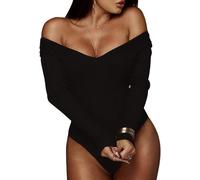 QKEPCY Body Mujer Sexy Cuello en V Bodies Vestir Manga Larga Elegante Mono de Negro Mujer Clásico Bodysuit Jumpsuit Suave Cálida Tops (M, Negro)