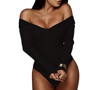QKEPCY Body Mujer Sexy Cuello en V Bodies Vestir Manga Larga Elegante Mono de Negro Mujer Clásico Bodysuit Jumpsuit Suave Cálida Tops (L, Negro)
