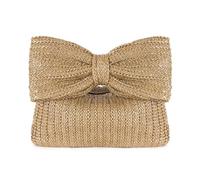 QKEPCY Bolso de Paja para Mujer Clutch de Verano con Lazo Tejido y Cremallera Monedero de Rafia Estilo Bohemio Bolso de Mano Casual para Playa y Viajes (Caqui)