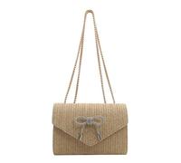QKEPCY Bolso Mujer Elegante Bolsa de Bandolera de Paja con Lazo y Diamantes de Imitación Estilo Noche de Verano para Vacaciones y Playa (Caqui)
