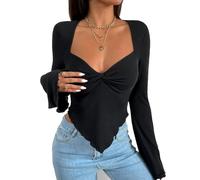 QKEPCY Camiseta de Manga Larga para Mujer Crop Tops Sexy Slim Fit T Shirt Cuello Wist Frente Dobladillo Asimétrico Básico Top Elegantes Jersey Suave Camisa Moda Casual Streetwear