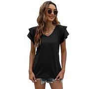 QKEPCY Camiseta Manga Corta Mujer Elegante Blusa Cuello en V Verano Volantes Casual Blusa Basica Camiseta Suelto Tops (Negro XXL)