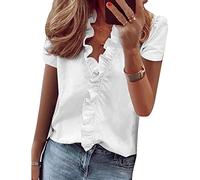QKEPCY Camiseta Manga Corta Mujer Verano Moda Color Sólido Blusa Camisa Cuello en V Chiffon Basica Camiseta Suelto Tops Casual Trabajo Elegante Cómodo T-Shirt (Blanco L)