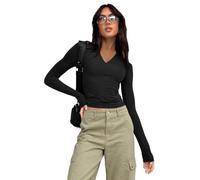 QKEPCY Camiseta Manga Larga Mujer Crop Tops Sexy Sexy Y2k Camisetas Corta con Cuello en V Camisa de Corte Ajustado Pullover Blusa Y2k Streetwear Casual Tops Shirts(Negro S)