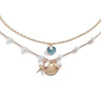 QKEPCY Collar Multicapa Concha Marina Perla Estrella Mar Colgante Cadena Dorada Gargantilla Elegante Joya Mujer (Azul)