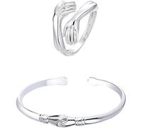 QKEPCY Conjunto Anillo Brazalete Manos Abiertas Plata 925 Joyería Elegante Ajustable Mujer Estilo Minimalista